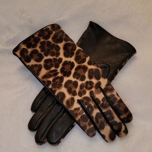 J McLaughlin Camilla Leather Leopard Gloves Size Medium New With Tag - Picture 11 of 14